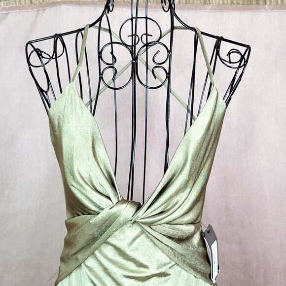 BABE SOCIETY LADY SAGE Twist Front Strappy Satin Mini Dress Medium - Picture 2 of 7